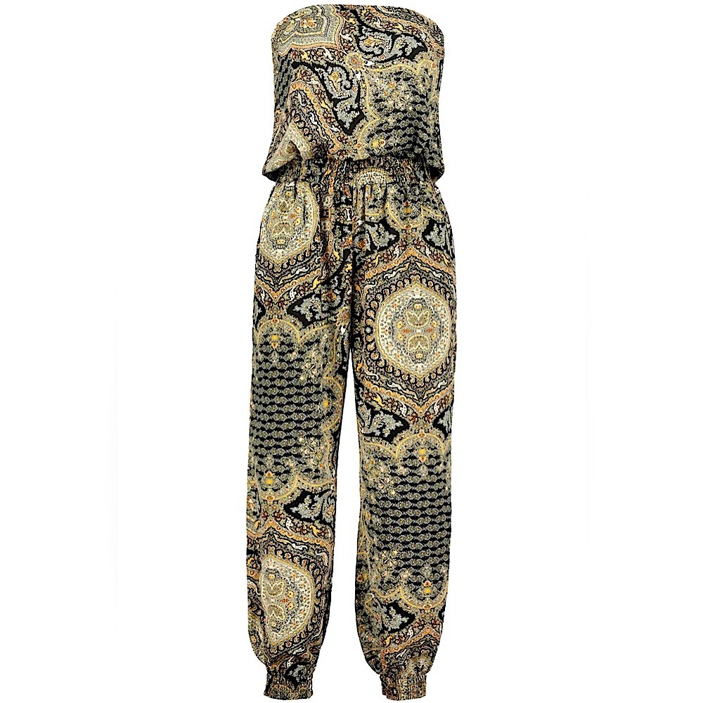BISHOP + YOUNG Maya Strapless Black and Gold Summer Paisley Jumpsuit